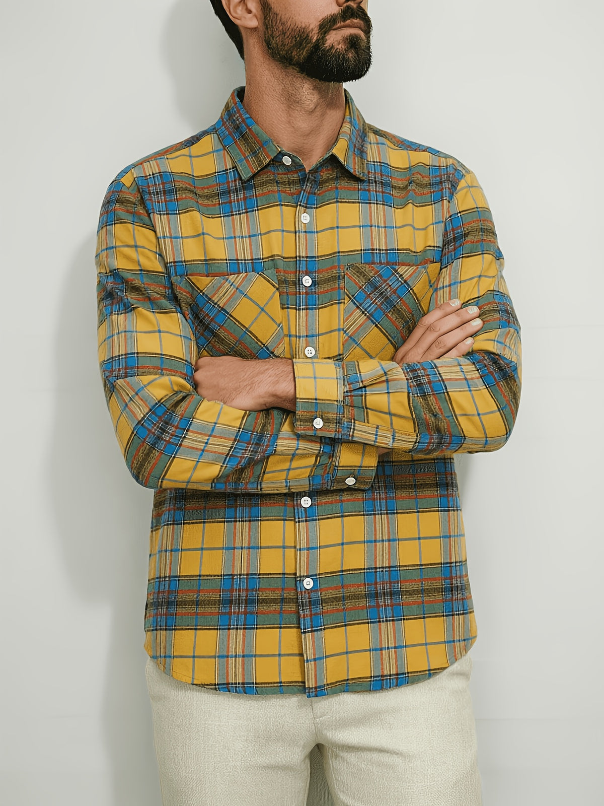 Men'S Casual Plaid Long Sleeve Shirt, Lapel Button-Up Shirt, Double Pocket Design, Classic Checkered Pattern, Twill Fabric, Comfortable And Breathable, Suitable for Spring And Autumn, Casual Outing, Men'S Dress Shirt, Men'S Shirt, Casual Business - Yellow And Blue Plaid