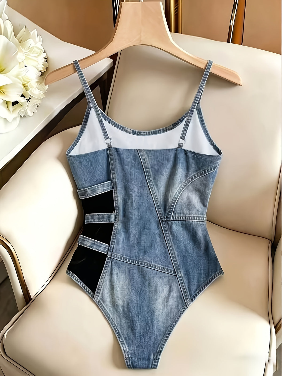 Y2K Digital Print Denim-Patterned Bodysuit with Thin Straps and U-Neckline, a Fitted Base Layer Top - Mixed colors