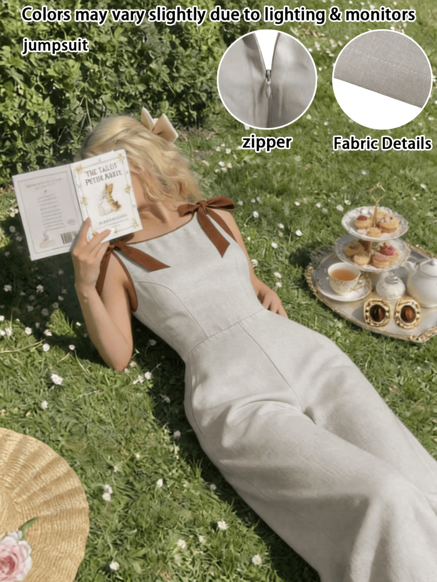 Round Neck Sleeveless Elegant Jumpsuit with Contrasting Rolled Edge Bow Decoration And Retro Court Style Waist Cinching Design, Suitable for Occasions Like Work, Back To, Dates, Parties, Holidays, And Birthdays. Valentine'S Day - Beige Gray