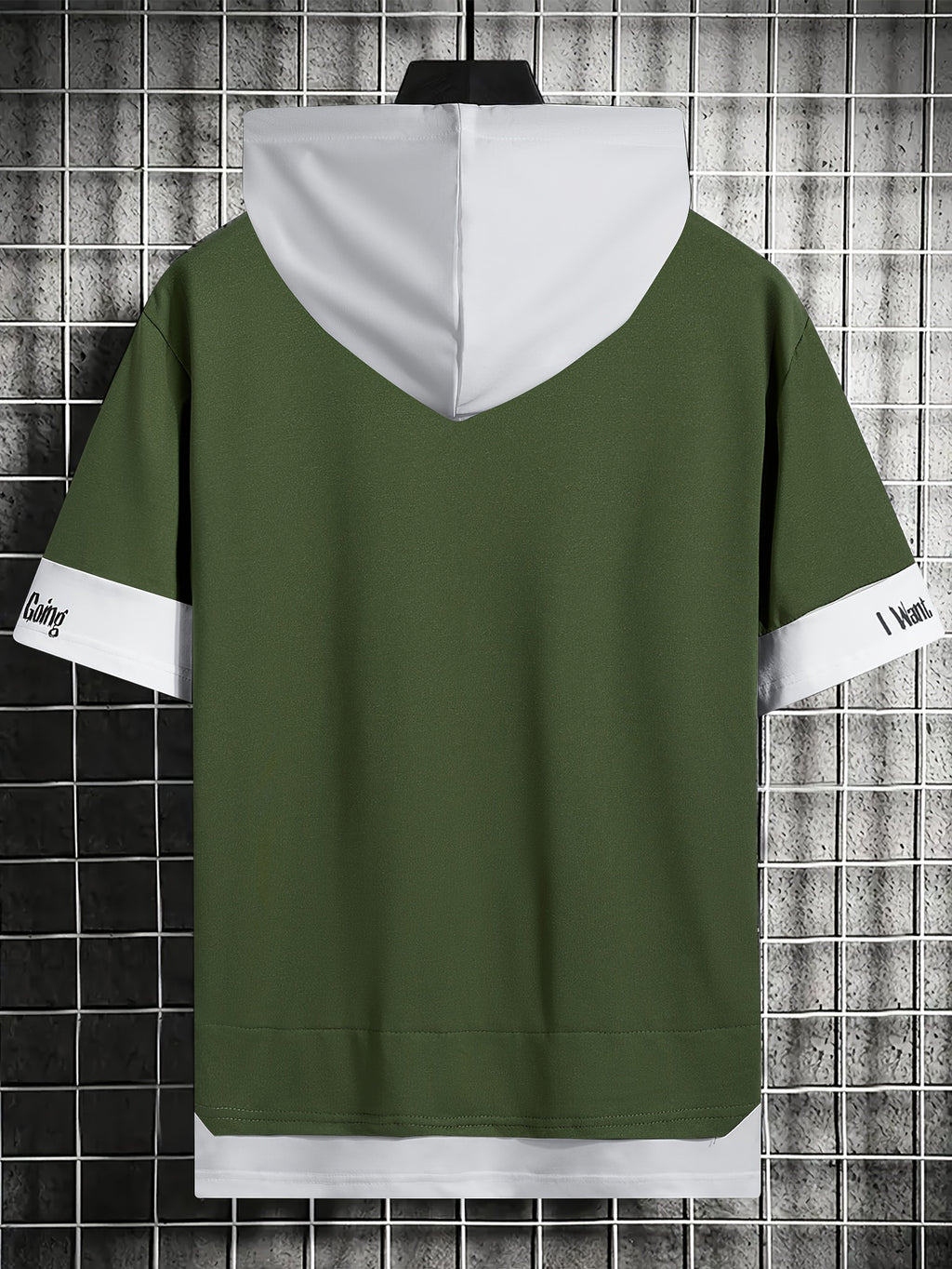 Color-Block Hooded Men'S Casual Letter Print Faux Two-Piece Short Sleeve T-Shirt - fern green