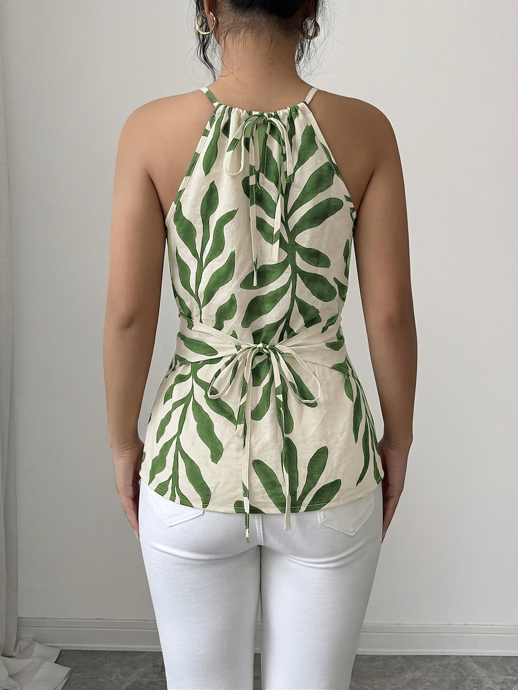 Women'S Casual Vest, Plant Print Cross Back Tie Off-Shoulder Vest, Suitable for Shopping, Vacation, Beach, Travel, Casual Wear - Green