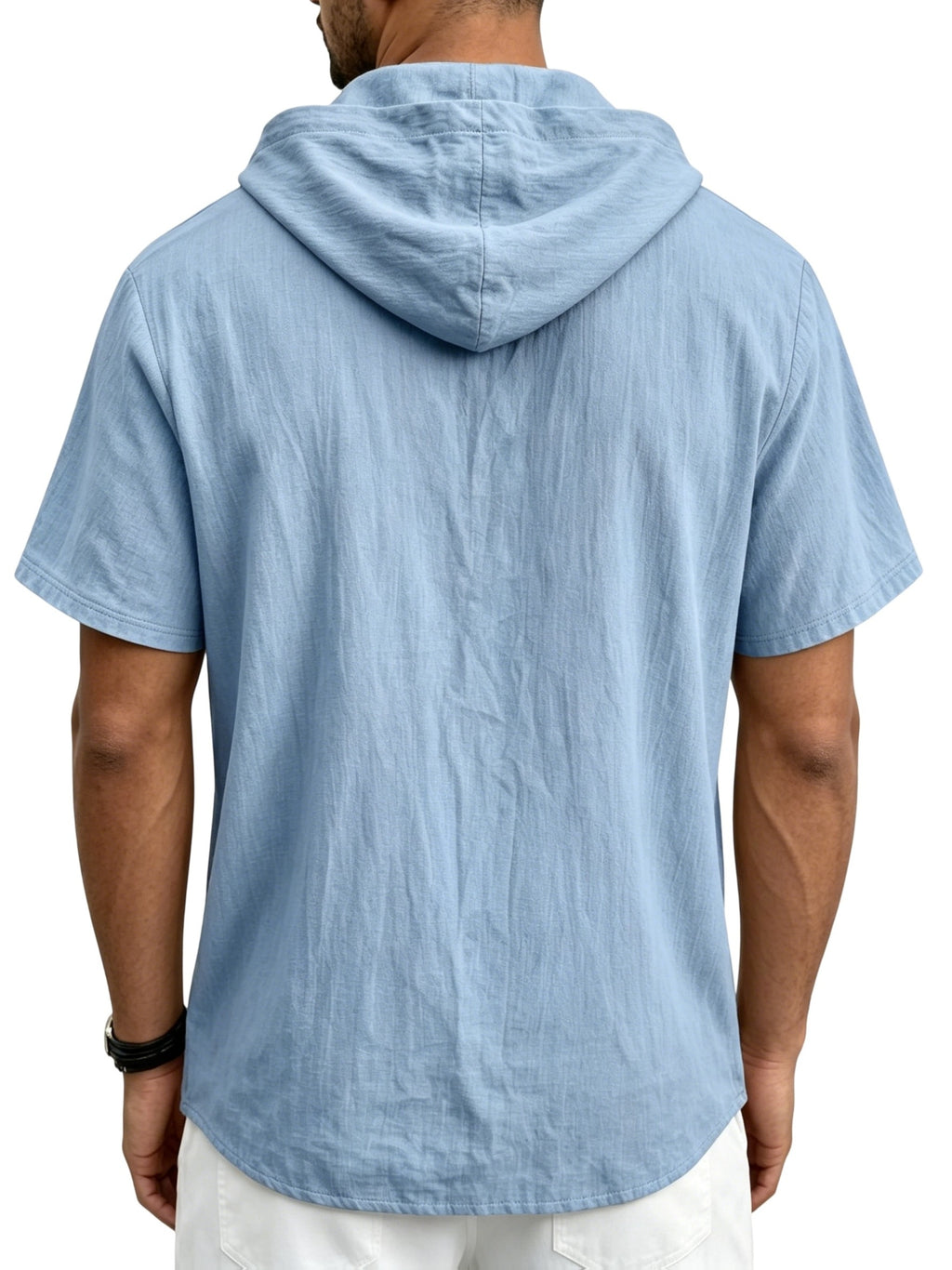 Men's Breathable Half-Zip Hooded Short-Sleeve T-Shirt - Loose-Fit Linen Summer Top with Zipper Collar, Solid Color Casual Beachwear Suitable for Vacation, Outdoor & Casual Attire, Machine Washable Linen Shirt - Sky Blue