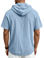 Men's Breathable Half-Zip Hooded Short-Sleeve T-Shirt - Loose-Fit Linen Summer Top with Zipper Collar, Solid Color Casual Beachwear Suitable for Vacation, Outdoor & Casual Attire, Machine Washable Linen Shirt - Sky Blue