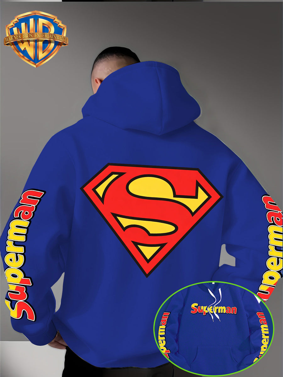 DC Superman Classic S Logo Print Hoodie American Casual Fall Winter Sweatshirt - Men'S Versatile Pullover, Cozy And Warm Fleece-Lined Top for Sports, Outdoor, Travel, Daily Wear, Commute, Home, Perfect Gift for Lovers And Friends - Unisex - Blue