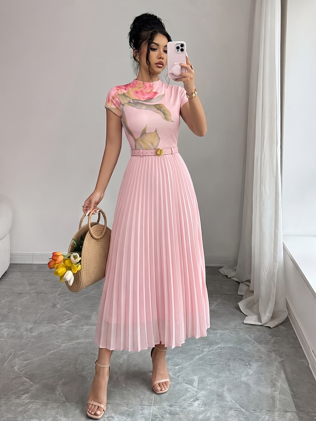 Women'S Dress, Summer New Floral Print Half-Neck Short Sleeve Dress, Waist-Cinching Long Pleated Dress with Belt - Pink