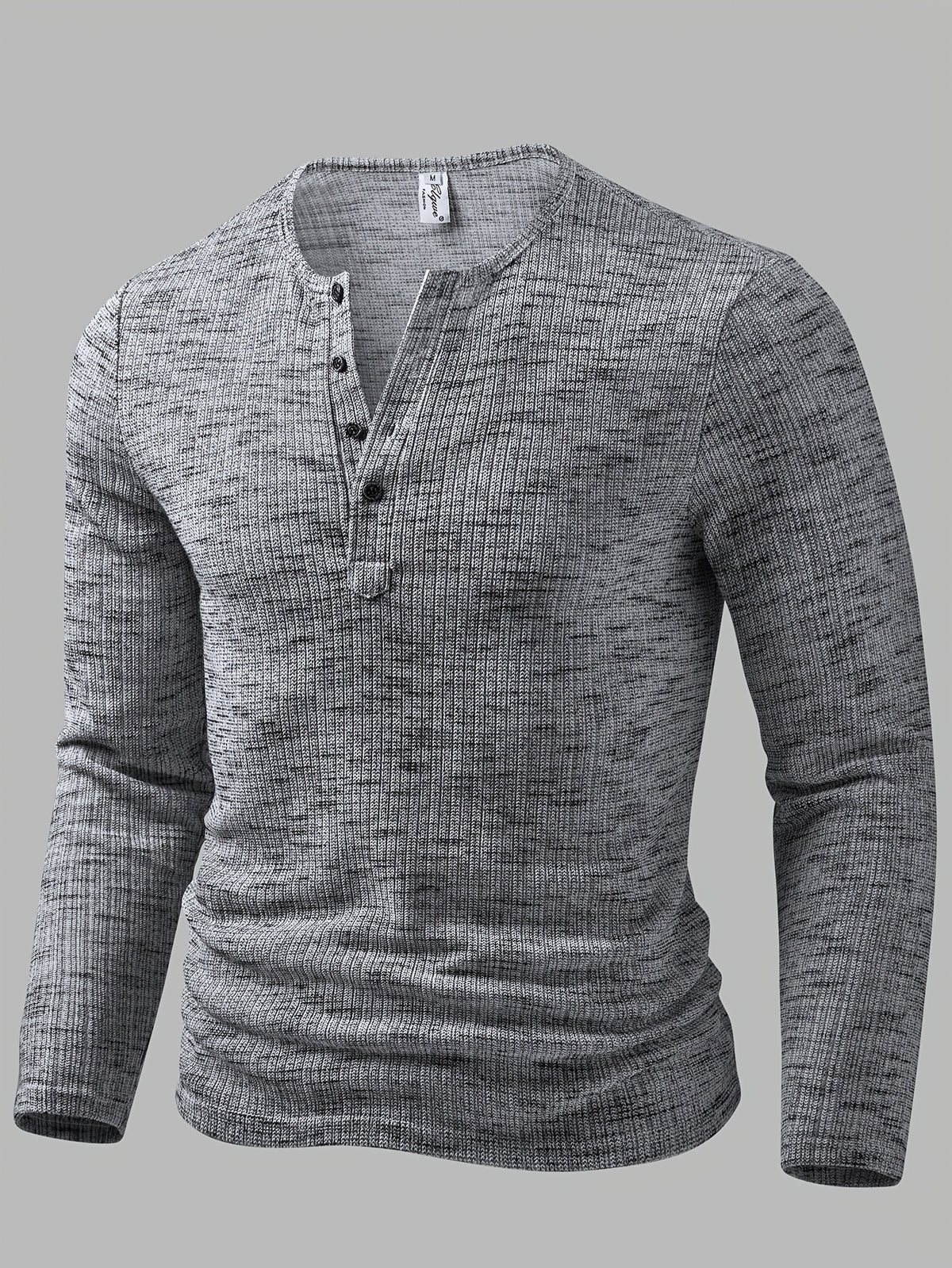 Men's Fashion Top, Autumn/Winter Outdoor Casual Breathable Bamboo Rayon Knot Knit Fabric, Round Neck Single-Breasted Button Long Sleeve Men's Henley Shirt - Silvery Grey