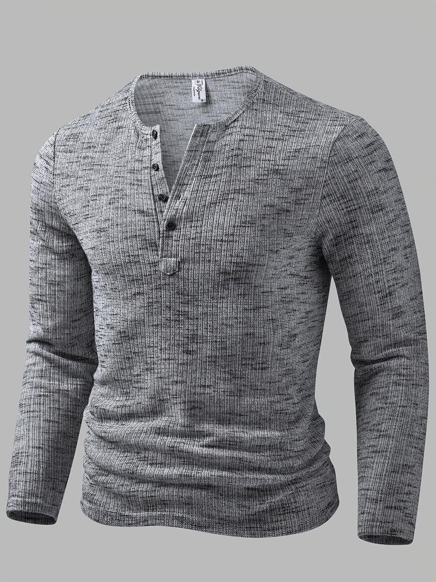 Men's Fashion Top, Autumn/Winter Outdoor Casual Breathable Bamboo Rayon Knot Knit Fabric, Round Neck Single-Breasted Button Long Sleeve Men's Henley Shirt - Silvery Grey