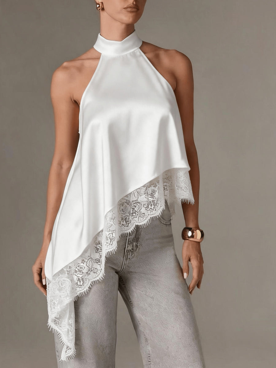 Directional Style Irregular Patchwork Lace Neckline Halter Elegant Temperament Top Halter Vest - White