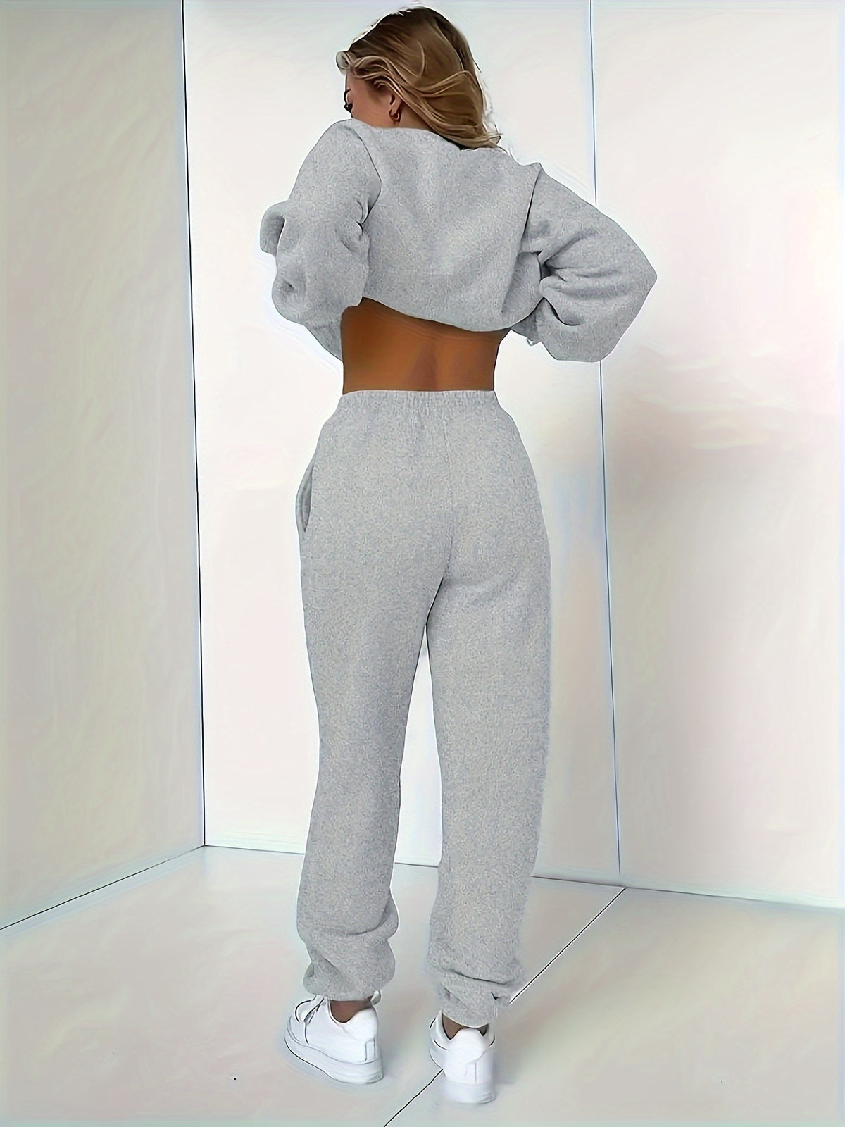 New Women'S Casual Fashion Printed Thickened Sweatshirt Set - Light Grey
