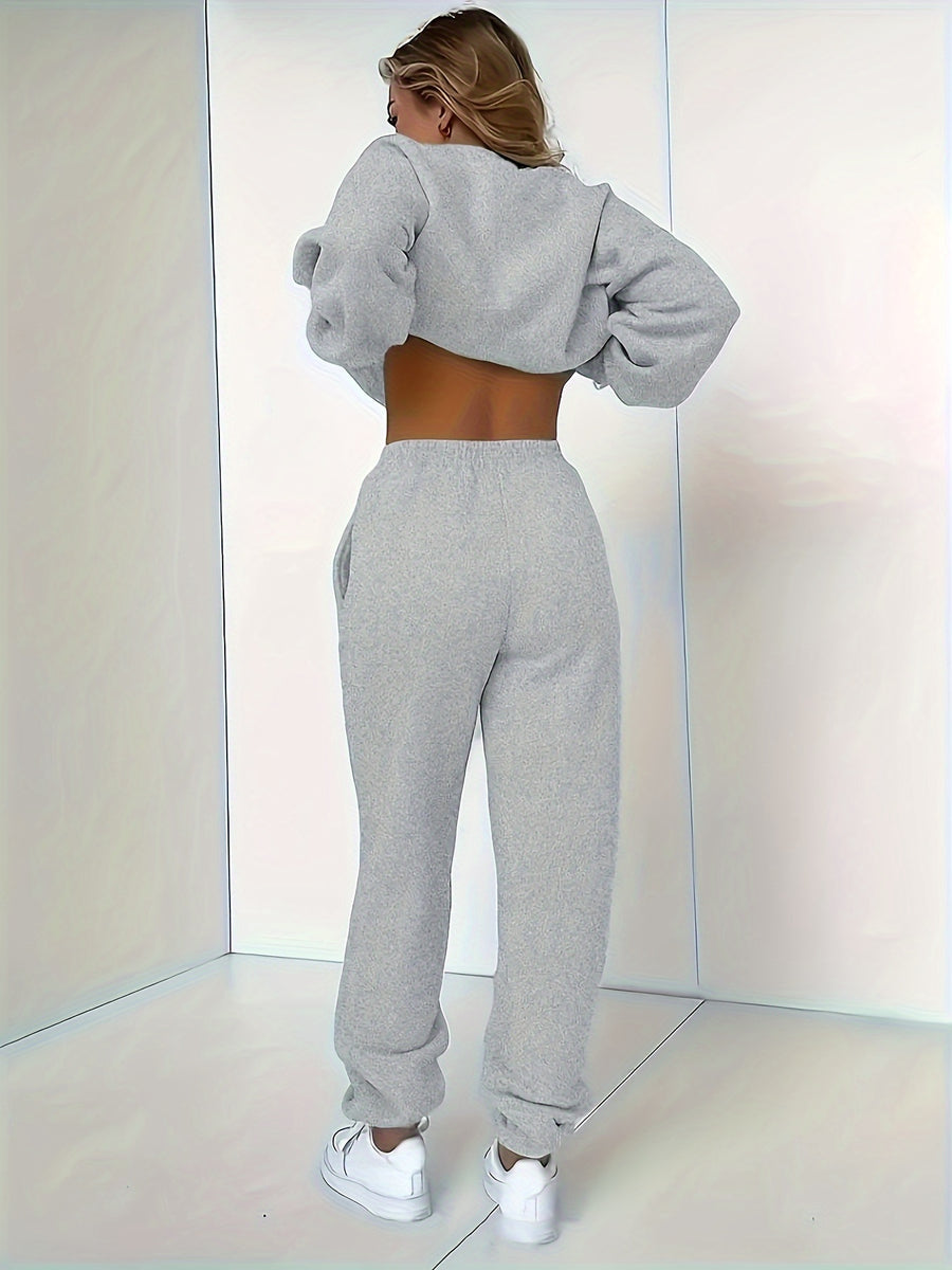 New Women'S Casual Fashion Printed Thickened Sweatshirt Set - Light Grey