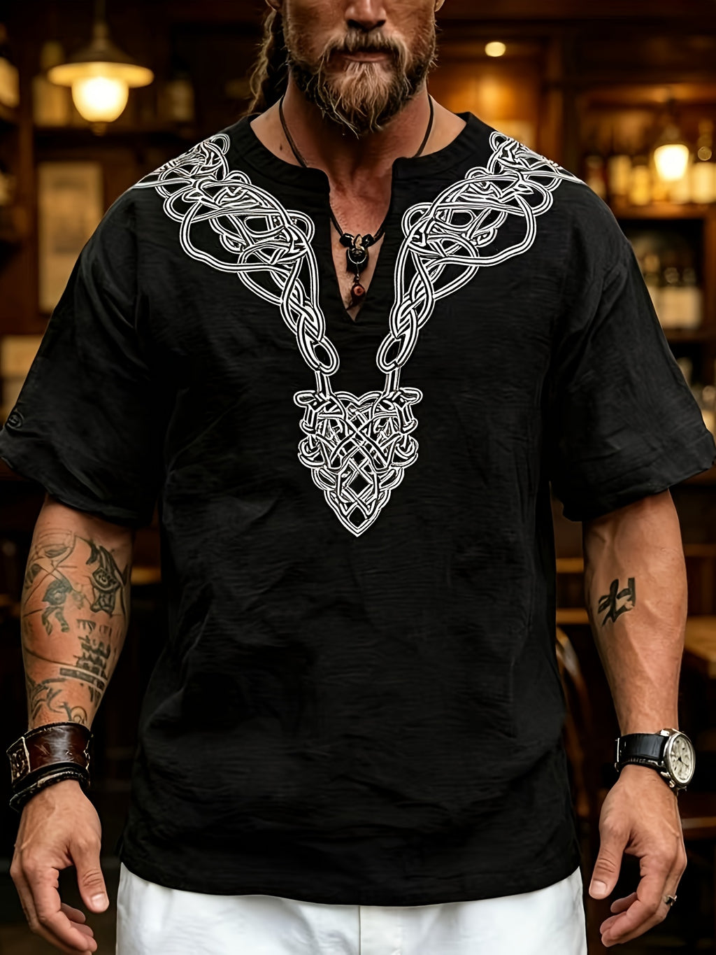 2026 Summer New Men'S Ethnic Style Short Sleeve Print V-Neck T-Shirt, Loose Casual Top - Black