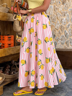 Women'S New Striped Print, Elastic Waist, A-Line Long Skirt, Fashionable And Elegant for Vacation And Commute, Casual Outing, Street Style, Daily Wear Skirt, Suitable for Spring Summer - Yellow