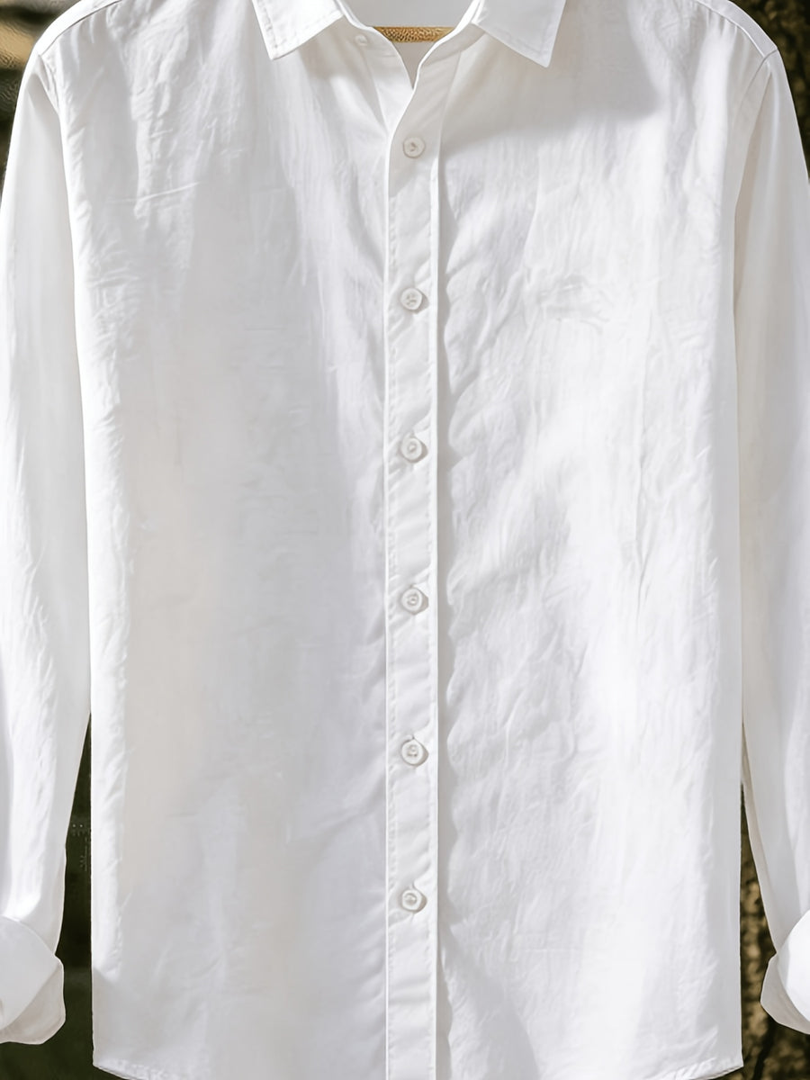 Single Piece Men'S Solid Color Long-Sleeve Shirt, Loose And Soft Button-Up Cardigan Design, Comfortable And Skin-Friendly, Available in Multiple Colors, Versatile for Daily Wear And Outdoor Adventures - White