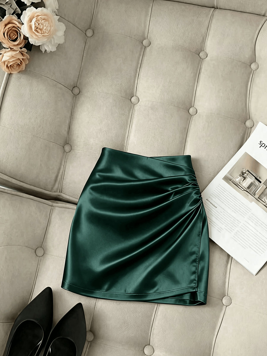 Fashionable New Satin Asymmetrical Skirt, Spring Summer High-Waist Fitted Tight Sexy Women'S Elegant Midi Skirt - Dark Green