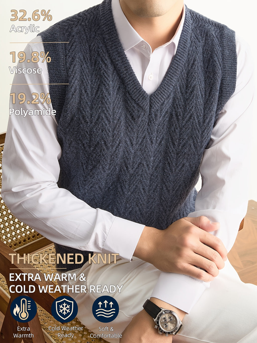 Men's Autumn & Winter Knitted Sweater Vest, Classic V-Neck with Raised Herringbone Texture, Thick & Warm, Timeless Refined Style for Work, Casual Wear, Outdoor Activities & Camping, Ideal Gift for Dad or Husband - Dark Gray
