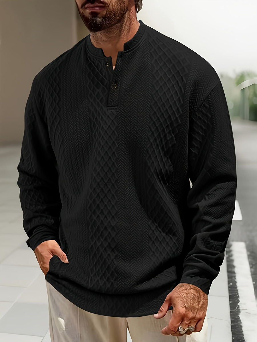 Men's New Autumn/Winter Jacquard Two-Button Casual Crew Neck Sweatshirt - Black