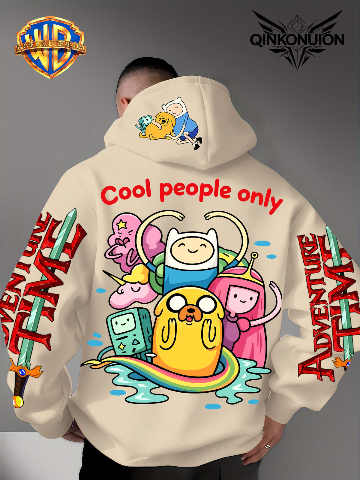 Warner Official Men'S Hoodie, Colorful Water Play Fun Anime Printed Design for All, Machine Washable, Warm And Casual for Autumn And Winter, Daily Drawstring Hoodie, Multi-Functional Sports And Leisure Loose Fit - Apricot