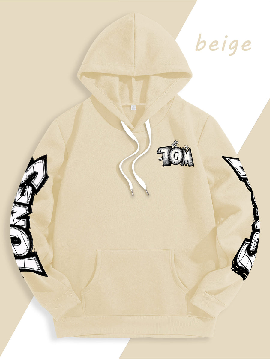 Men's Warner Bros. Vacation Hand-Drawn Sketch Print Hooded Sweatshirt, a Loose and Casual Hoodie Suitable for Animation IP Enthusiasts, Daily Commutes to School, Streetwear, and Outfits for Couples and Best Friends - Off-white