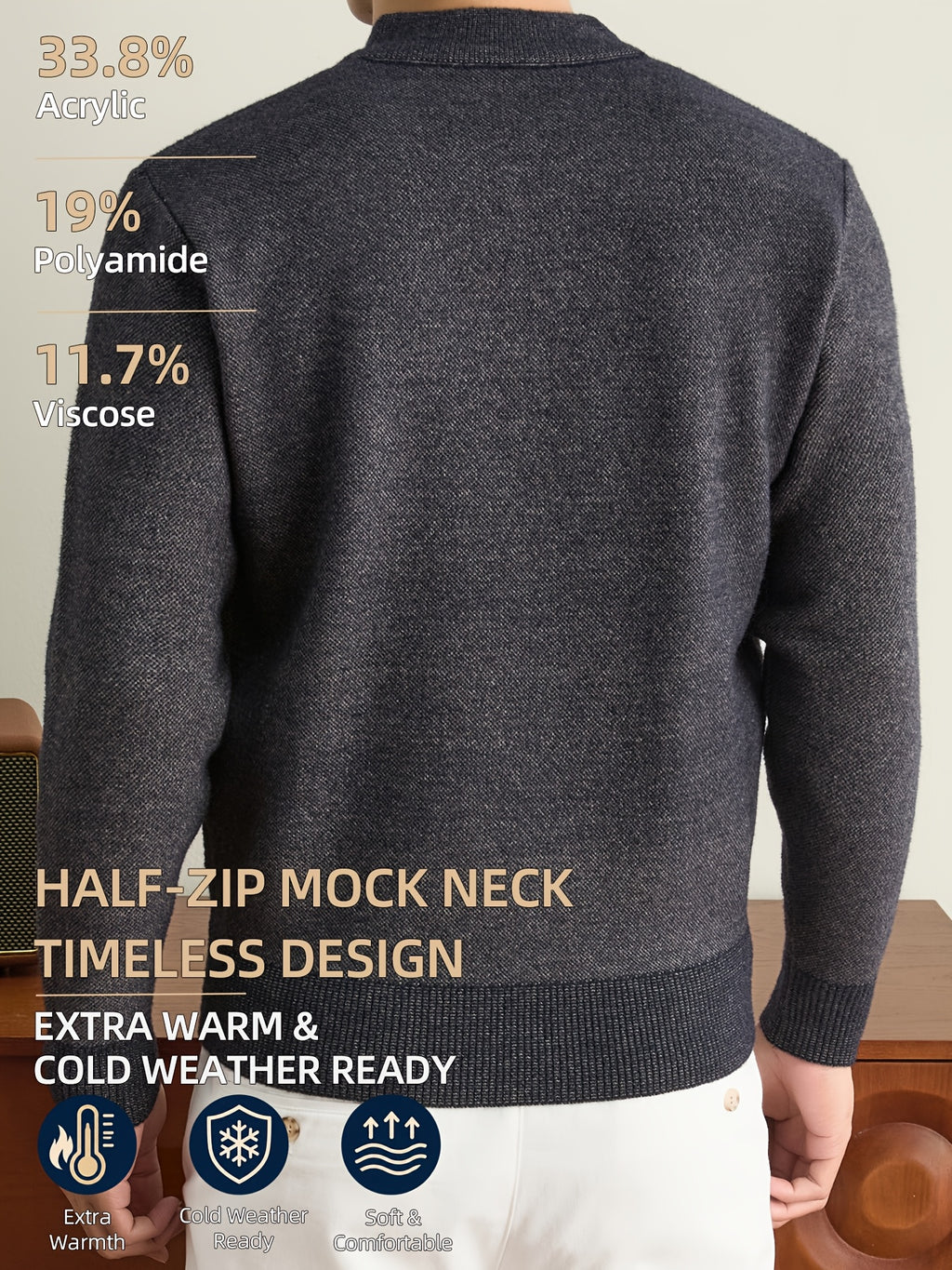 Men'S Half-Zip Knit Sweater, Classic Stand Collar And Textured Pattern, Thickened Warm Pullover in a Refined Timeless Style for Casual, Work, Hiking, Camping, Fishing, And Outdoor Wear - Medium Gray