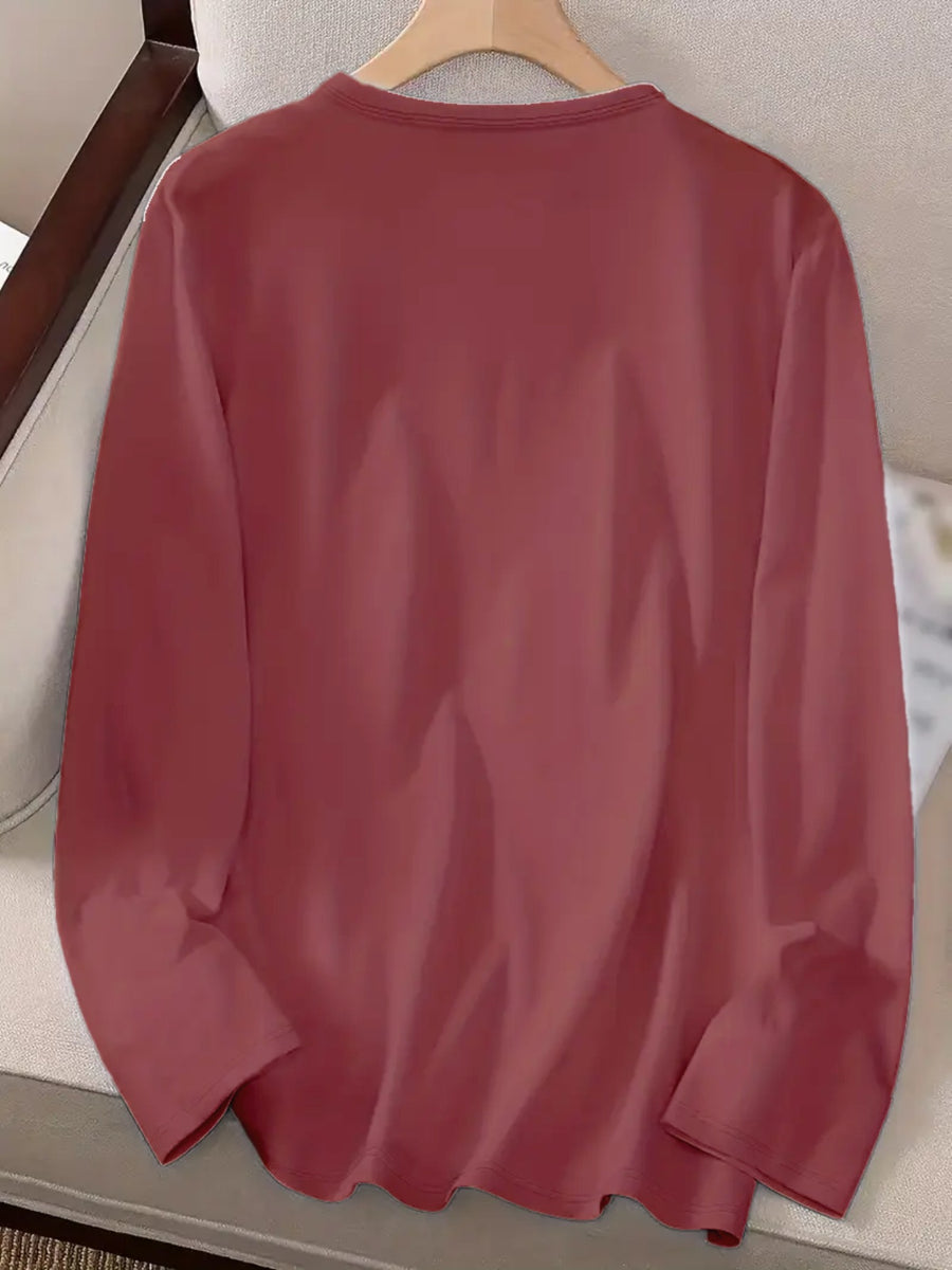 1pc Petal Pattern Striped Print New Y2K Style Women'S Elegant Autumn Winter Casual Athletic Long Sleeve Single Sleeve Comfortable Breathable Top - Brick Red