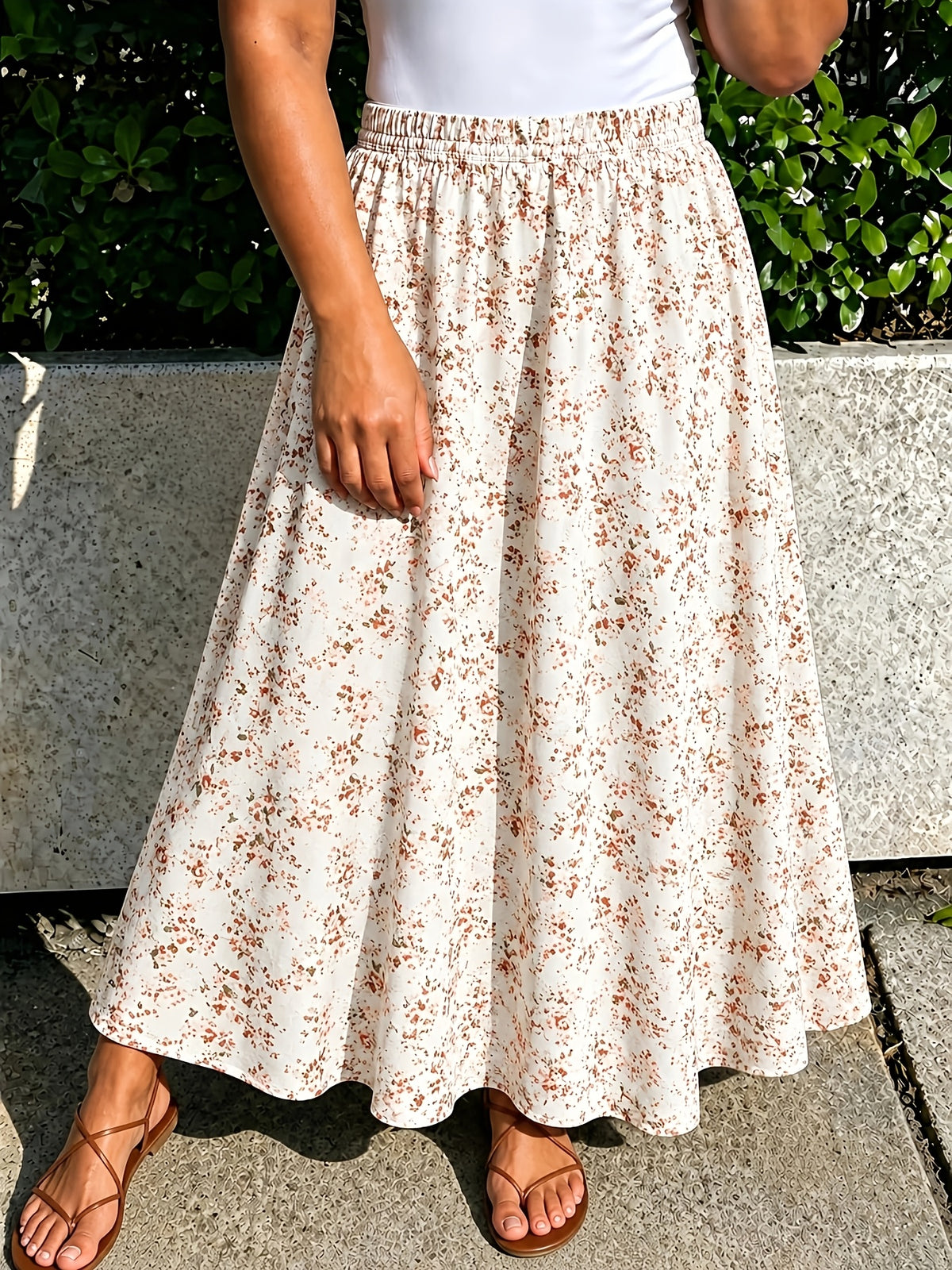 Women'S Skirt, Fashionable Elegant Casual Women'S High-Waist A-Line Long Skirt, Fresh Beige Floral Print Design, Non-Stretch Lightweight Breathable Fabric, Comfortable Skin-Friendly, High-Waist Design, 3-Layer Construction, Suitable for Vacation - Mixed colors