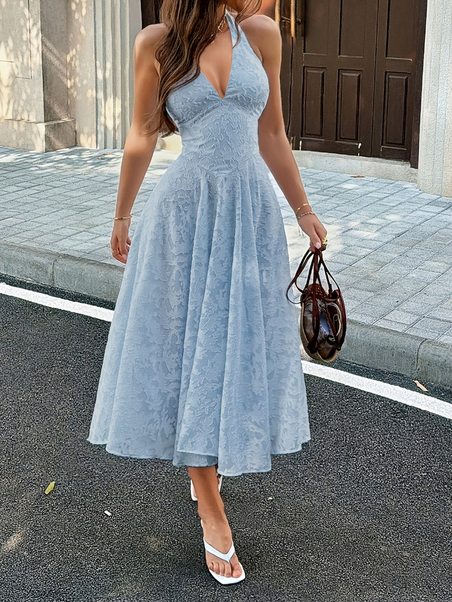 Women'S Sexy Casual V-Neck Tie-Up Backless Jacquard Fabric Elegant Dress, Suitable for Various Occasions Such As Vacation, Dating, Daily Wear, Beach, Valentine'S Day, Birthday, Party, Etc., a Summer Essential - Blue