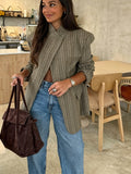 Women's New Spring/Summer Plaid Asymmetrical Casual Blazer, Vintage Design, Elegant and Exquisite - Khaki