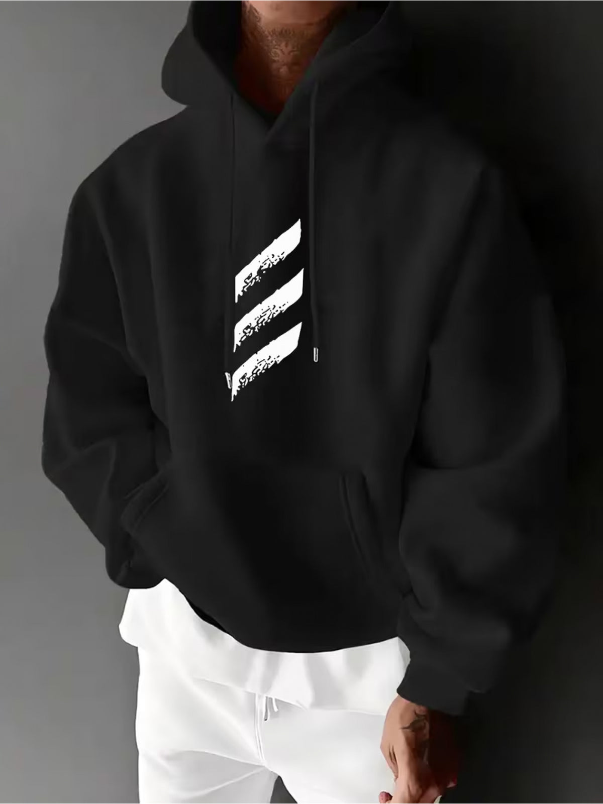 Men's 250g Thickened Trendy Hooded Sweatshirt, Geometric Print Design - Casual Daily Wear, Comfortable and Breathable, Drawstring Hood, Kangaroo Pocket, Geometric Pattern, Regular Fit Casual Top for Spring/Autumn - Black