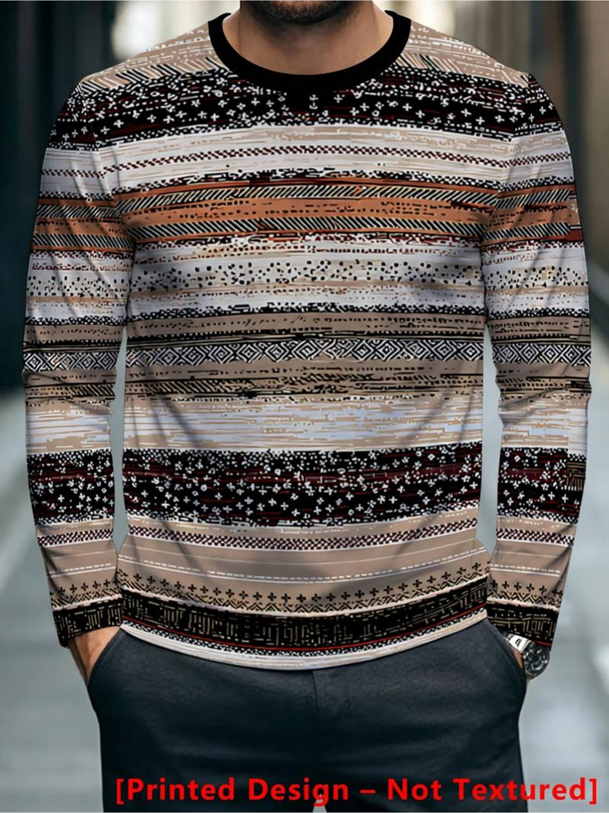 Print Design - Not Textured New Men'S Long Sleeve T-Shirt, Retro Ethnic Style Horizontal Stripe Print Literary Temperament Suitable for Daily Casual Outings - Mixed colors