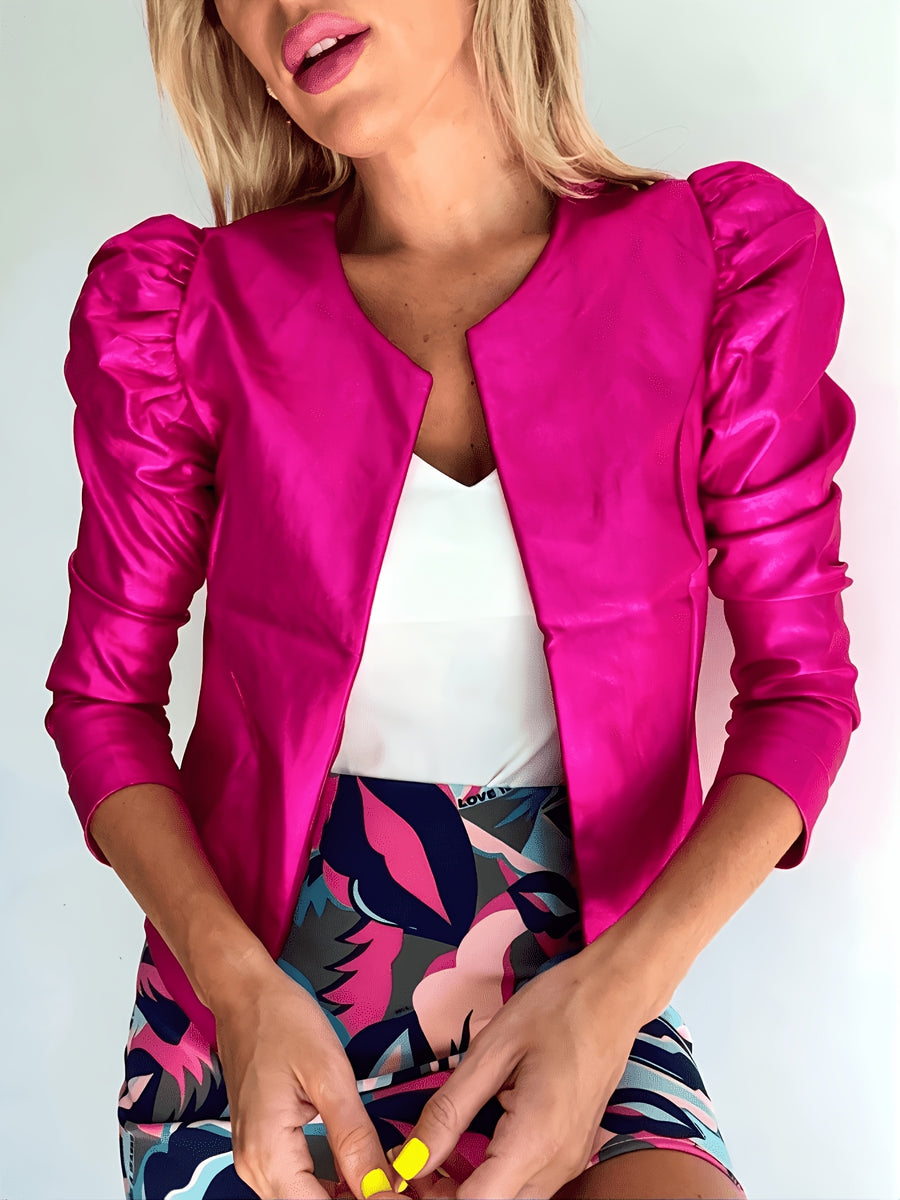 2026 Spring/Autumn New Arrival Glossy Rose Red Puff Sleeve Cropped Jacket, Open Front Buttonless Slim-Fit Short Blazer, Party Outerwear Top YYTT - Rose Red
