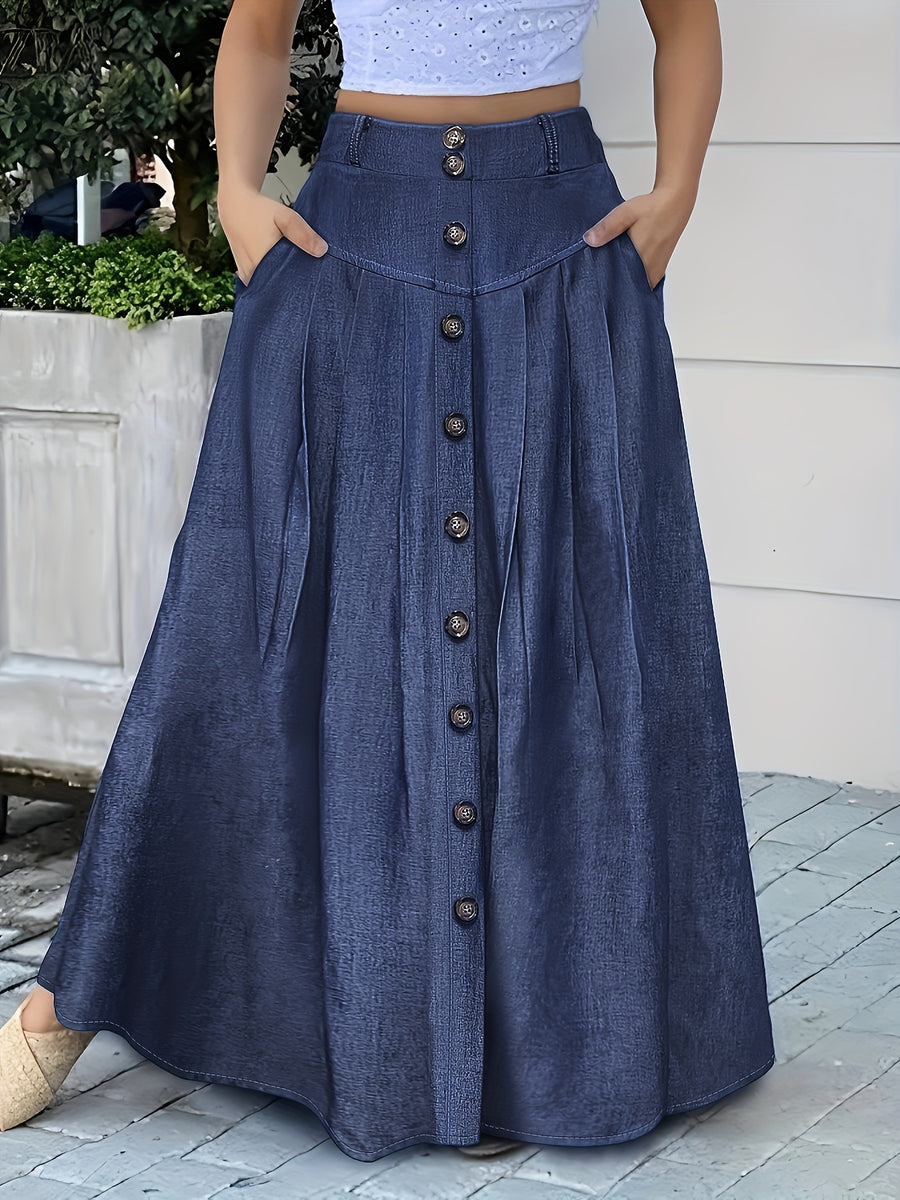 Autumn New Elegant Fashion Comfortable Versatile Faux Button Skirt for Women, Belt Not Included - Dark Blue