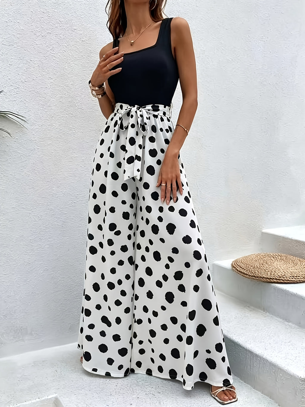 Dalmatian Print Wide Leg Belted Jumpsuit - White
