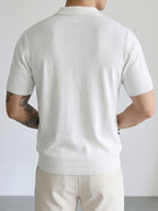 Men's Breathable Knit Short Sleeve Shirt - Vertical Stripe Color Block V-Neck Lapel Collar, Sheer Yet Opaque Mesh Golf & Business Casual Suitable for Golfing, Office, Semi-Formal Wear - Machine Washable Year-Round Versatile Top - White