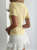 Women'S Lace Ruffle Slim Cardigan Short Sleeve Solid Color Top, New Women'S Comfortable Lace Stitching Button Short Sleeve Top, Solid Color Lace Stitching Easy Solid Color Top - Yellow