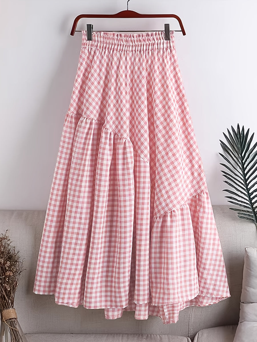 Women'S Elegant Fashion Casual Skirt, A-Line Irregular Checkered Print High-Waist Skirt, Cute And Trendy Versatile Skirt, Comfortable Fabric, Machine Washable, Suitable for Travel, Vacation, And Outings - Pink