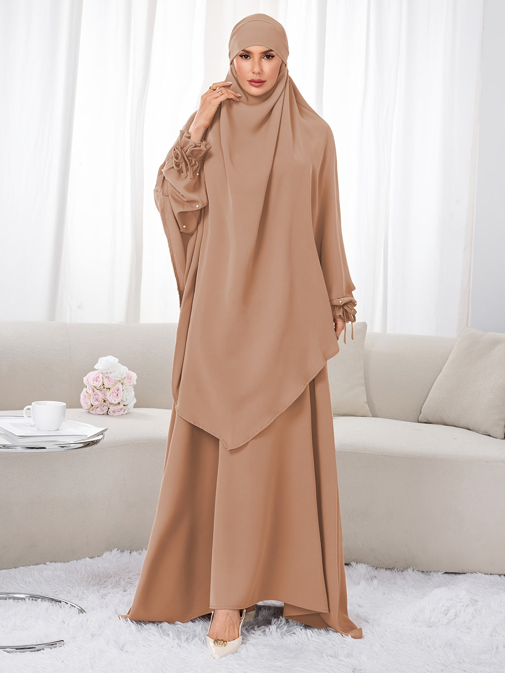 Women's 2pcs Modest Islamic Abaya & Khimar Suit - Elegant Full Coverage Prayer Dress with Headscarf, Pure Color Muslim Dress Suitable for Daily Wear, Hajj, Ramadan, Travel - Abaya Robe for Muslim Women - Yellowish-brown