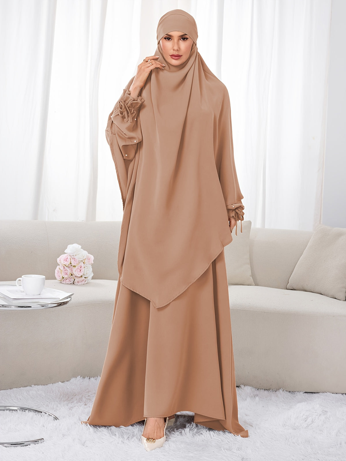 Women's 2pcs Modest Islamic Abaya & Khimar Suit - Elegant Full Coverage Prayer Dress with Headscarf, Pure Color Muslim Dress Suitable for Daily Wear, Hajj, Ramadan, Travel - Abaya Robe for Muslim Women - Yellowish-brown