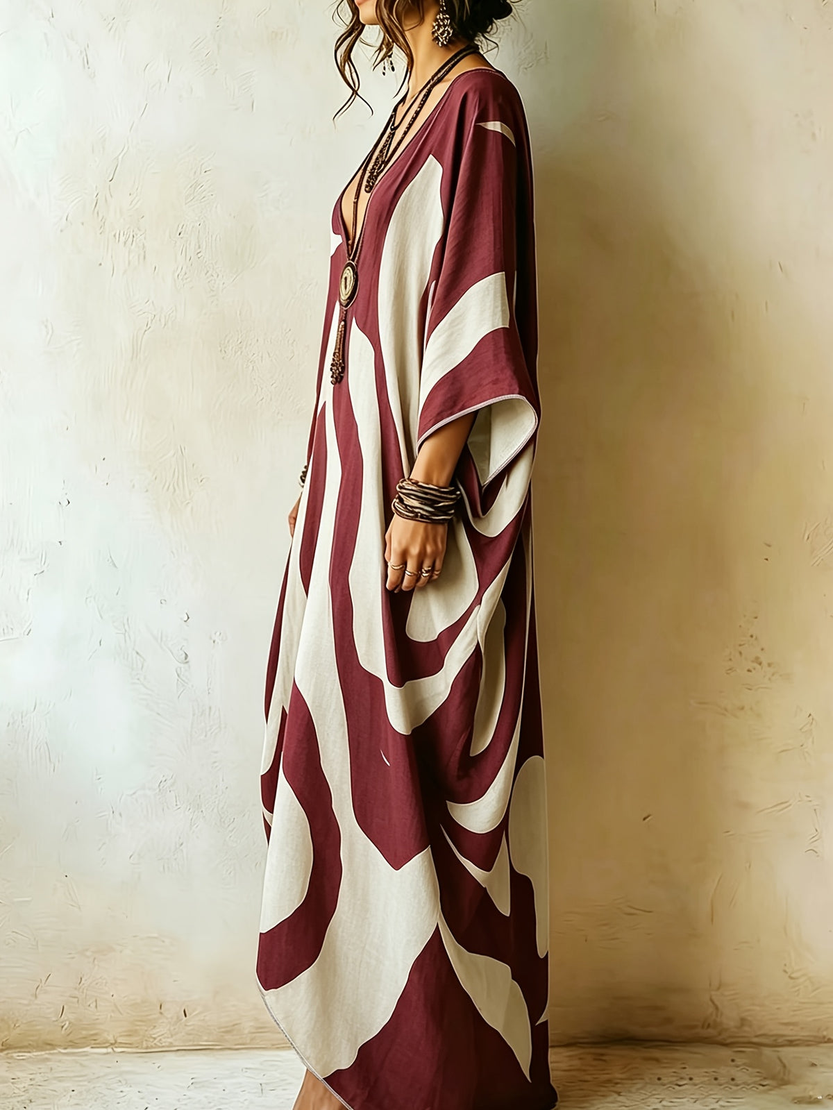 Boho Abstract Color Block Print Kaftan Dress for Women, V-Neck Batwing Sleeve Oversized Vacation Maxi Dress, Beach Cover Up Kaftan Gown - Red