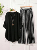 Women's Cuff-Tie Button-Up Shirt and Wide-Leg Pants 2pcs Set - Black