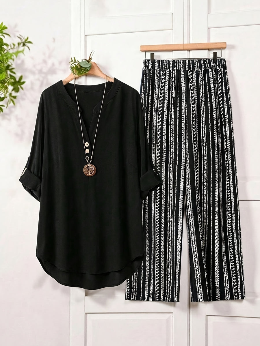 Women's Cuff-Tie Button-Up Shirt and Wide-Leg Pants 2pcs Set - Black