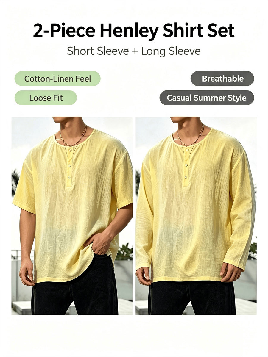 2pcs Men'S Linen Henley Shirt Set, Short Sleeve And Long Sleeve 2pcs Combination, Loose Breathable Vacation Style Casual Top - Yellow