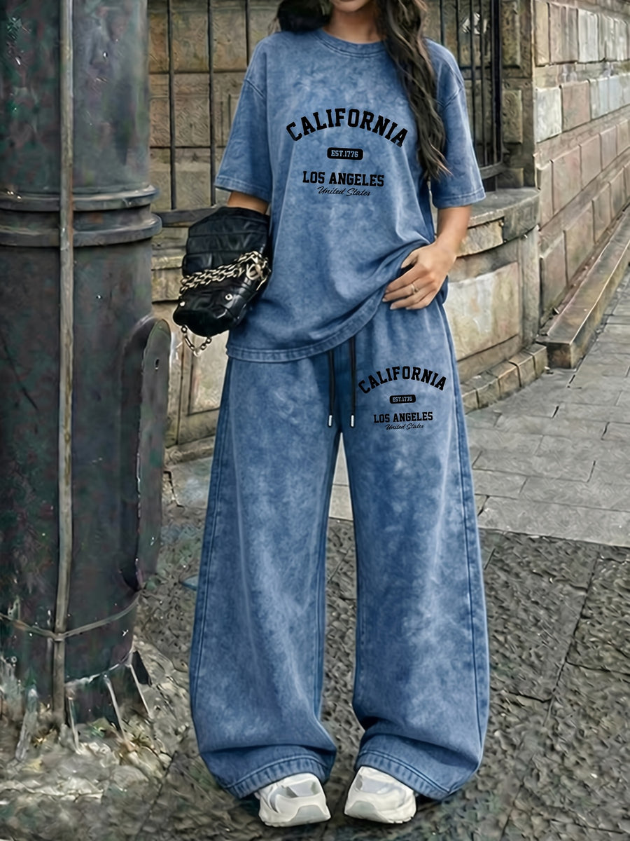 Street Style CALIFORNIA Los Angeles Letter Pattern Print, Women'S 2Pcss Set, Ladies Vintage Washed Fabric Loose Casual Round Neck Short Sleeve T-Shirt And Elastic Waist Drawstring Vintage Washed Casual Athletic Long Pants Women'S 2Pcss Suit - Navy Blue+Navy Blue