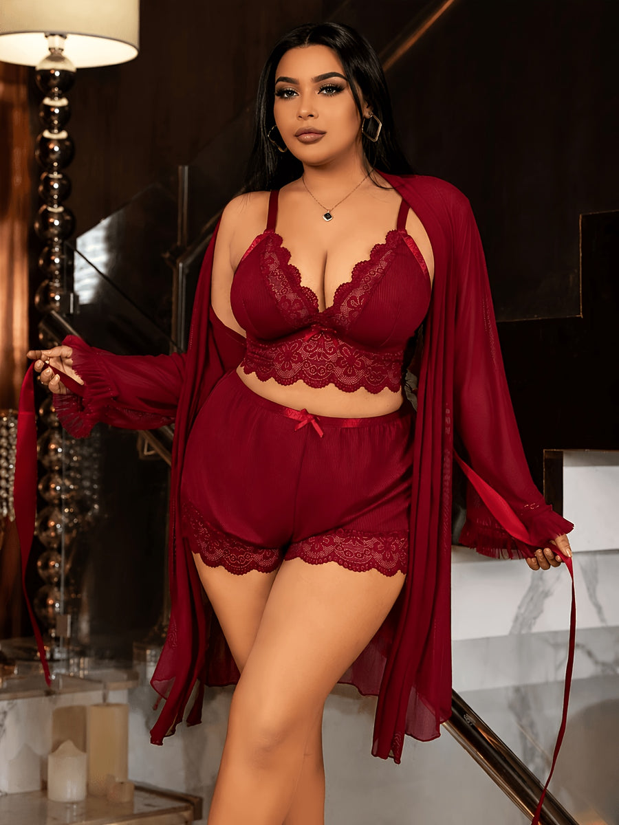 Plus Size Women's Sexy Lace Camisole Nightgown with Lace Trim, Floral Lace Long Sleeve Mesh 3pcs Set - Burgundy