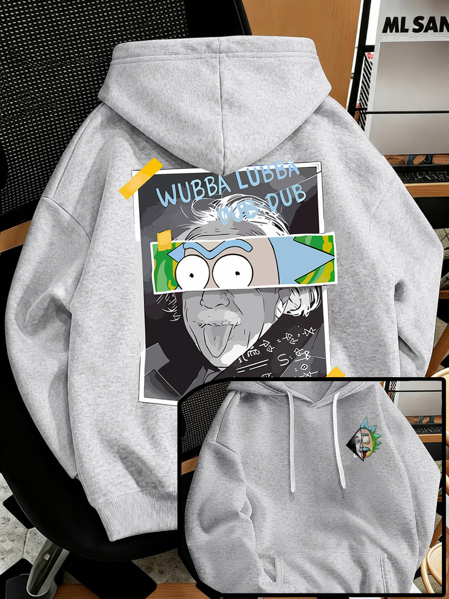 Warner Bros Official Men's Fashion Sweatshirt, Rick's Classic Catchphrase Collage Einstein Polaroid Print Design, Men's Fashion Hoodie Loose Fit with Adjustable Drawstring, -Lined Sweatshirt for Comfortable Fall/Winter Wear, Outdoor Sports Casual - Light Grey