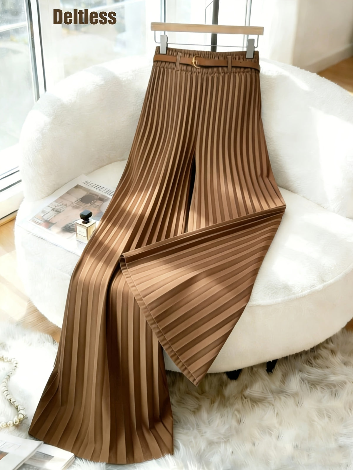 ASD1 Women's New Elegant Solid Color Stretch Waist Pleated Wide-Leg Pants, Designed Specifically for Commuting, Belt Not Included - 【Brown】