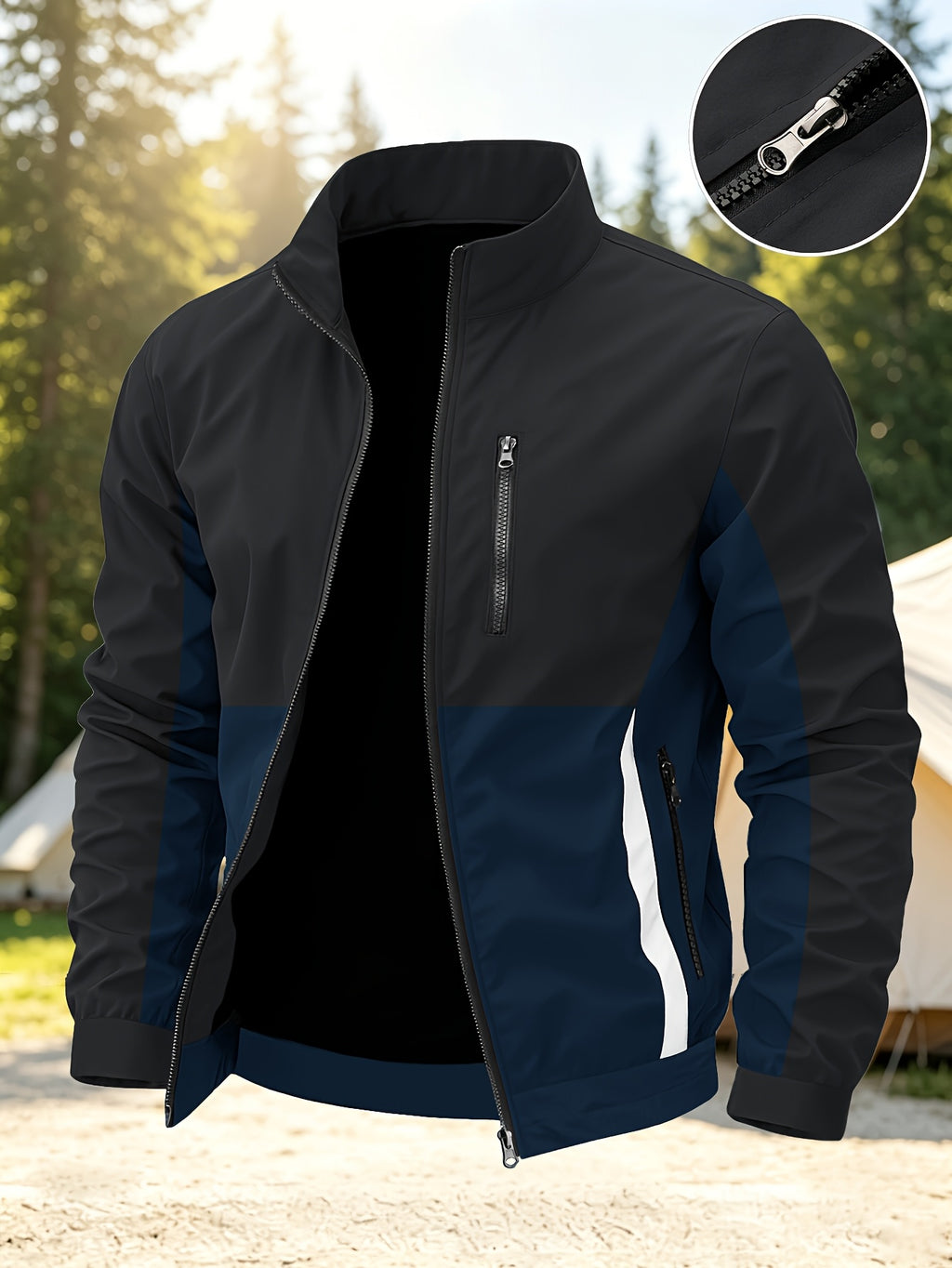 Men's New Trendy Versatile Outdoor Sports Mountain Climbing Comfortable Casual Fashionable Loose High Street Long Sleeve Color Block College Jacket - Black & Blue