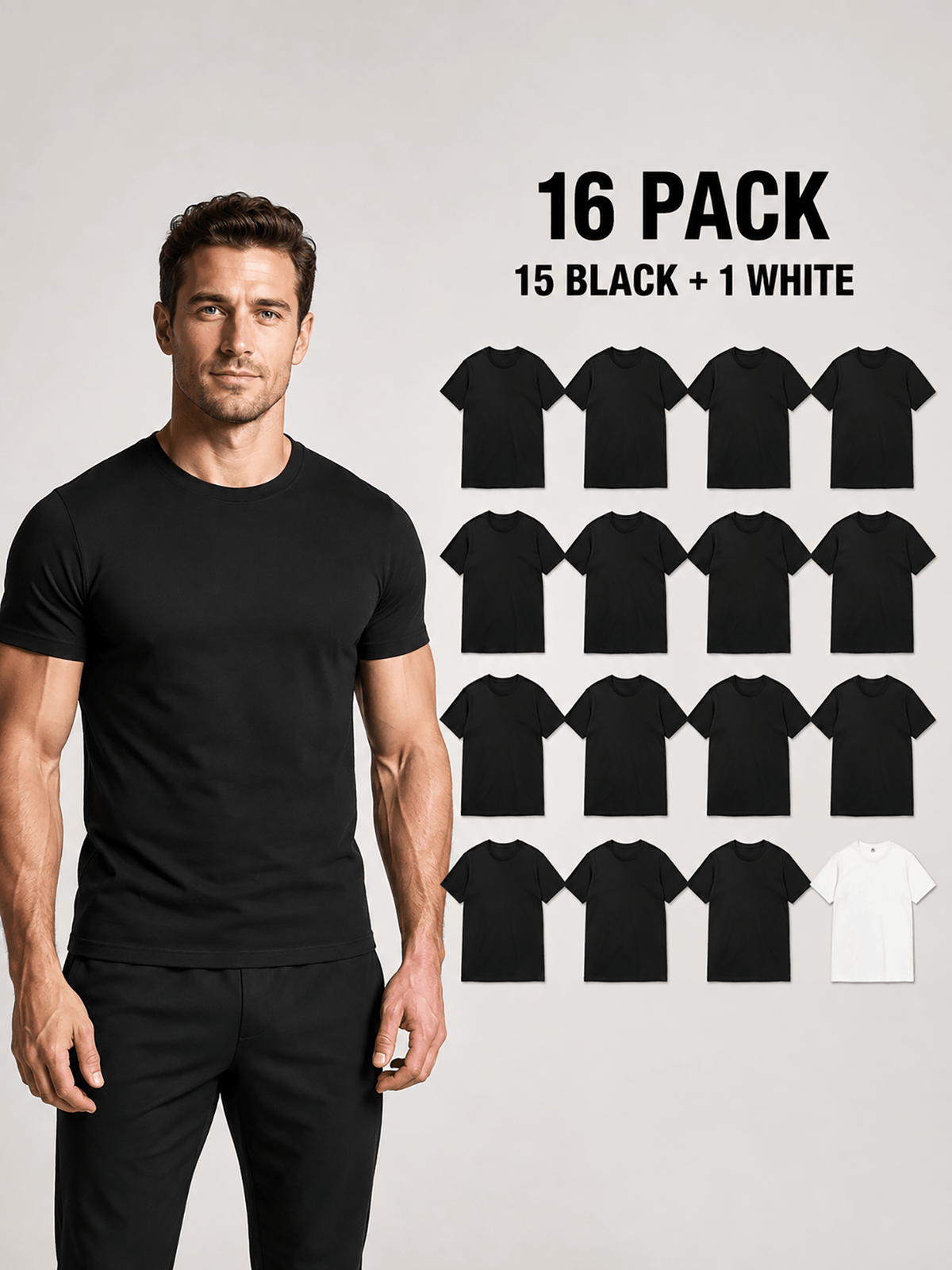 16pcs Men'S 100% Round-Neck Solid Color Short-Sleeve T-Shirts, Black And White, Soft And Breathable Basic Undershirts, Suitable for Daily Casual Wear, Sports, And Outdoor Wear - 15 Black 1 White 16 Pack