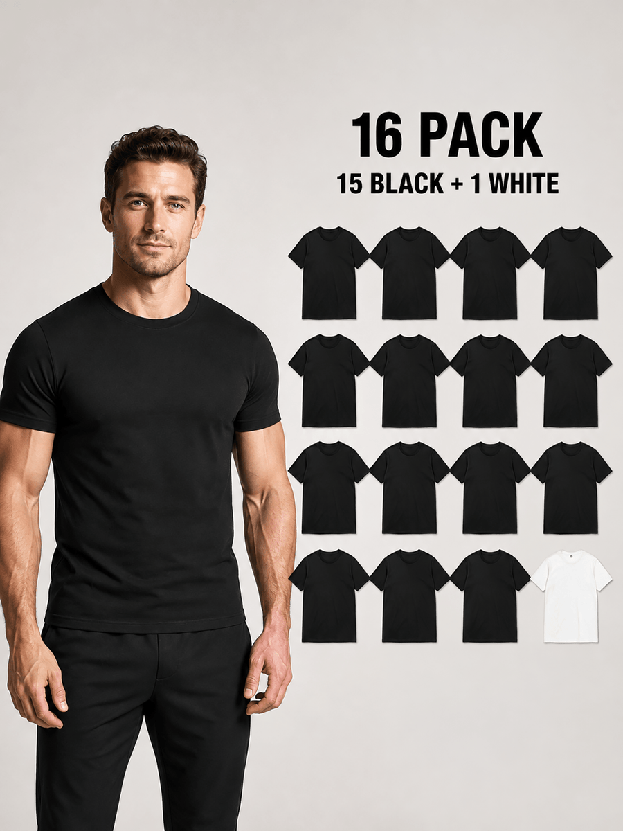 16pcs Men'S 100% Round-Neck Solid Color Short-Sleeve T-Shirts, Black And White, Soft And Breathable Basic Undershirts, Suitable for Daily Casual Wear, Sports, And Outdoor Wear - 15 Black 1 White 16 Pack