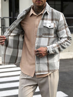 Men's Casual Plaid Long-Sleeve Jacket, Multi-Pocket Long-Sleeve Shirt, Autumn/Winter Flannel Outerwear, the Perfect Holiday Gift for a Boyfriend or Husband - Grey