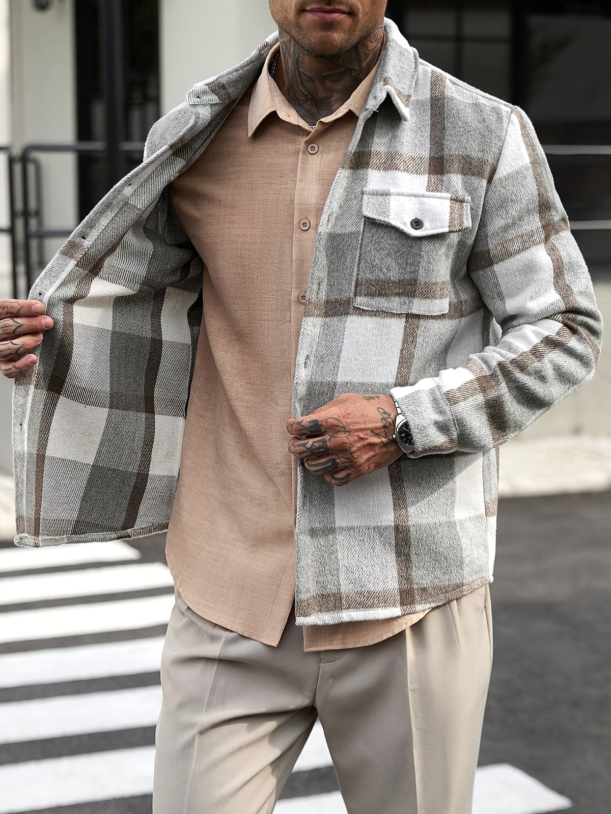 Men's Casual Plaid Long-Sleeve Jacket, Multi-Pocket Long-Sleeve Shirt, Autumn/Winter Flannel Outerwear, the Perfect Holiday Gift for a Boyfriend or Husband - Grey